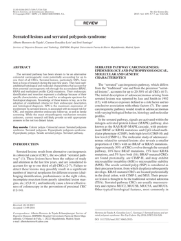 Serrated Lesions and Serrated Polyposis Syndrome Alberto Herreros-De-Tejada1, Carmen González-Lois2 and José Santiago1 Services of 1Digestive Diseases and 2Pathology