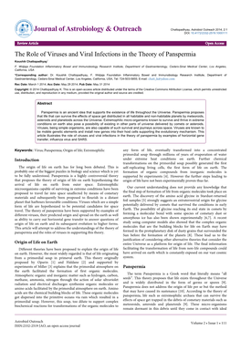 The Role of Viruses and Viral Infections in the Theory of Panspermia Koushik Chattopadhyay* F