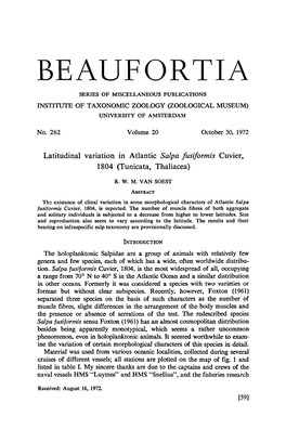 Latitudinal Variation in Atlantic Salpa Fusiformis Cuvier