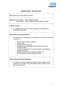 1 BOARD PAPER – NHS ENGLAND Title: Quality and Clinical Risk