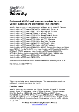 End-To-End SARS-Cov-2 Transmission Risks in Sport