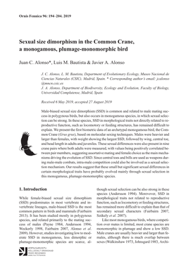 Sexual Size Dimorphism in the Common Crane, a Monogamous, Plumage-Monomorphic Bird