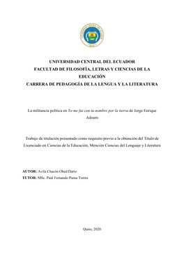 Universidad Central Del Ecuador Facultad De Filosofía, Letras Y Ciencias De La Educación Carrera De Pedagogía De La Lengua Y La Literatura