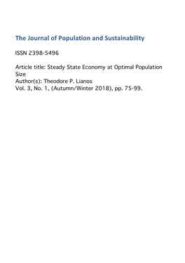 Steady State Economy at Optimal Population Size Author(S): Theodore P