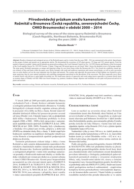 Přírodovědecký Průzkum Areálu Kamenolomu Rožmitál U Broumova (Česká Republika, Severovýchodní Čechy, CHKO Broumovsko) V Období 2000 – 2014