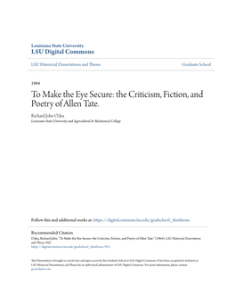 The Criticism, Fiction, and Poetry of Allen Tate. Richard John O'dea Louisiana State University and Agricultural & Mechanical College