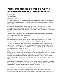 Paige: Dan Reeves Plowed His Way to Prominence with the Denver Broncos