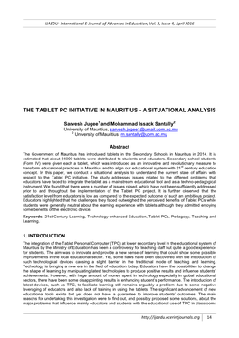 The Tablet Pc Initiative in Mauritius - a Situational Analysis