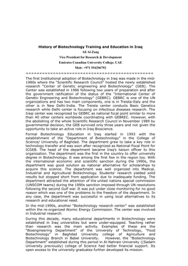 History of Biotechnology Training and Education in Iraq