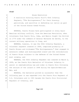 Hr9087-00 Page 1 of 4 House Resolution 1 a Resolution Honoring Puerto Rico's 65Th Infantry 2 Regiment