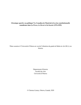 Chronique Sportive Ou Politique? Le Canadien De Montréal Et La Crise Constitutionnelle Canadienne Dans La Presse, Le Devoir Et La Gazette (1976-1995)