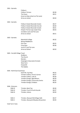 3301 - Garnetts Fishburn: Fishburn Terrace 08:38 the Green 08:41 (Must Arr/Dep School Via the Lane) Arrive at School: 08:50