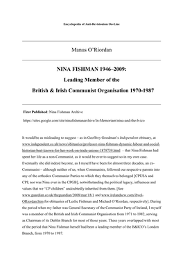 Manus O'riordan NINA FISHMAN 1946–2009: Leading Member of The