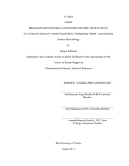 A Thesis Entitled Development and Optimization of Dextromethorphan