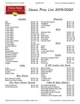 Cheese Price List 2019/2020