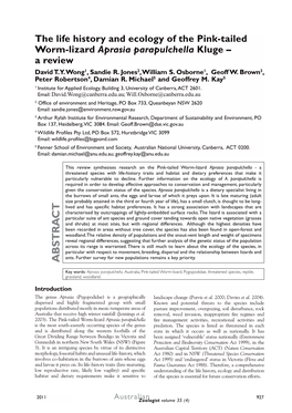 The Life History and Ecology of the Pink-Tailed Worm-Lizard Aprasia Parapulchella Kluge – a Review David T