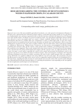 Research Regarding the Control of Dicotyledonous Weeds in Rapeseed Crops, in Calarasi County