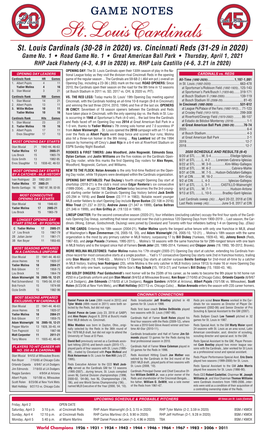 St. Louis Cardinals (30-28 in 2020) Vs. Cincinnati Reds (31-29 in 2020) Game No