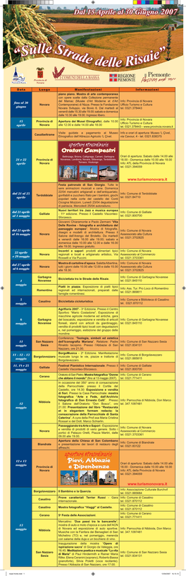 Risaie Fronte.Indd 1 12/04/2007 16.15.13 Data Luogo Manifestazioni Informazioni Dal 19 Maggio Novara Jazz Festival