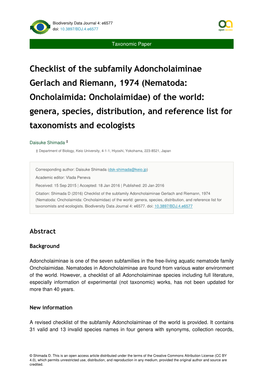 Checklist of the Subfamily Adoncholaiminae Gerlach and Riemann, 1974