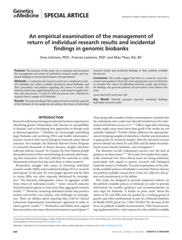 An Empirical Examination of the Management of Return of Individual Research Results and Incidental Findings in Genomic Biobanks