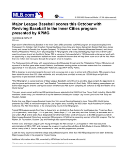 Major League Baseball Scores This October with Reviving Baseball in the Inner Cities Program Presented by KPMG