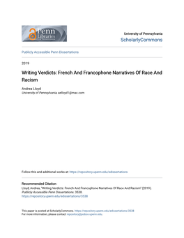 French and Francophone Narratives of Race and Racism