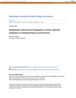 Globalization and Economic Regulation in China: Selective Adaptation of Globalized Norms and Practices