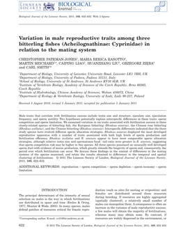 Variation in Male Reproductive Traits Among Three Bitterling ﬁshes (Acheilognathinae: Cyprinidae) in Relation to the Mating System