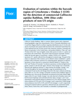 Evaluation of Variation Within the Barcode Region of Cytochrome C Oxidase I (COI) for the Detection of Commercial Callinectes Sa