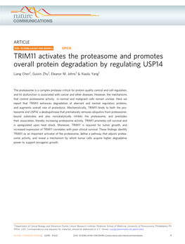 TRIM11 Activates the Proteasome and Promotes Overall Protein Degradation by Regulating USP14