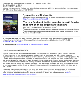 Two New Amphipod Families Recorded in South America Shed Light on an Old Biogeographical Enigma Cene Fišer a , Maja Zagmajster a & Rodrigo L