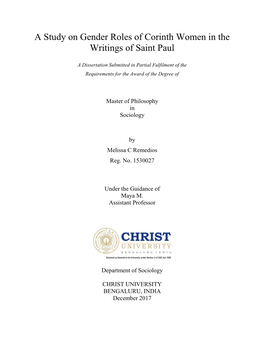 A Study on Gender Roles of Corinth Women in the Writings of Saint Paul