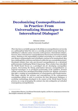 Decolonizing Cosmopolitanism in Practice: from Universalizing Monologue to Intercultural Dialogue?