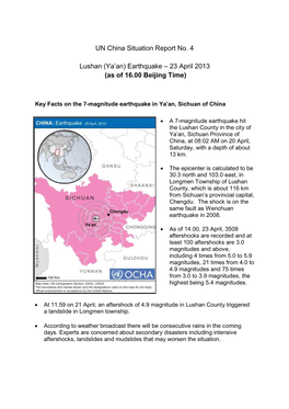 UN China Situation Report No. 4 Lushan (Ya'an) Earthquake