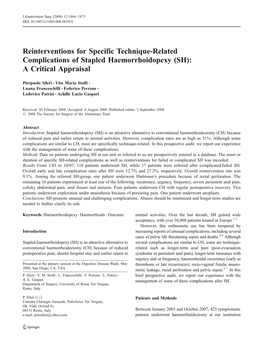 Reinterventions for Specific Technique-Related Complications of Stapled Haemorrhoidopexy (SH): a Critical Appraisal