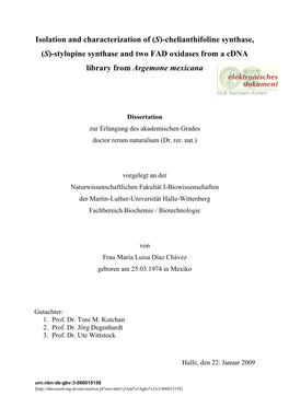 (S)-Stylopine Synthase and Two FAD Oxidases from a Cdna Library from Argemone Mexicana