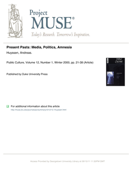 Present Pasts: Media, Politics, Amnesia Huyssen, Andreas