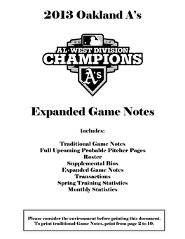 2013 Oakland A's Expanded Game Notes