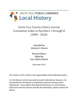 Santa Cruz County History Journal Cumulative Index to Numbers 1 Through 8 (1994 - 2016)