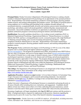 Department of Psychological Sciences Tenure Track Assistant Professor in Industrial- Organizational Psychology Date Available: August 2020