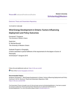 Wind Energy Development in Ontario: Factors Influencing Deployment and Policy Outcomes