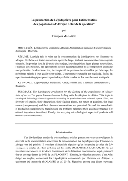 La Production De Lépidoptères Pour L'alimentation Des Populations D