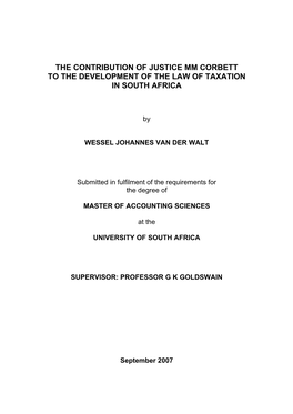 The Contribution of Justice Mm Corbett to the Development of the Law of Taxation in South Africa