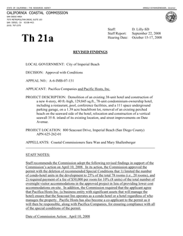California Coastal Commission Staff Report and Recommendation Regarding Appeal No. A-6-IMB-07-131(Pacifica Co., Imperial Beach)