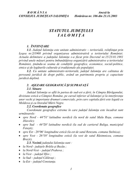 R O M Â N I a Anexă La CONSILIUL JUDEŢEAN IALOMIŢA Hotărârea Nr