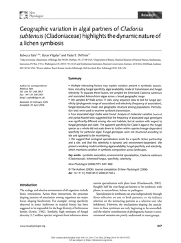 Geographic Variation in Algal Partners of Cladonia Subtenuis (Cladoniaceae) Highlights the Dynamic Nature of a Lichen Symbiosis