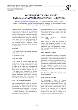 Water Quality Analysis in Pallikaranai Wetland, Chennai - a Review