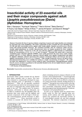 Insecticidal Activity of 23 Essential Oils and Their Major Compounds Against Adult Lipaphis Pseudobrassicae (Davis) (Aphididae