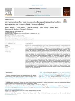 Interventions to Reduce Meat Consumption by Appealing to Animal Welfare: ☆ Meta-Analysis and Evidence-Based Recommendations